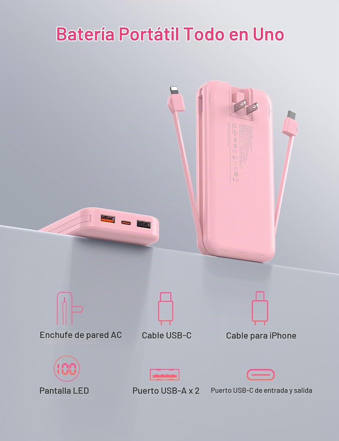 Cargador portátil Ffnpua Power Bank 10000mAh PD20W con cables incor...