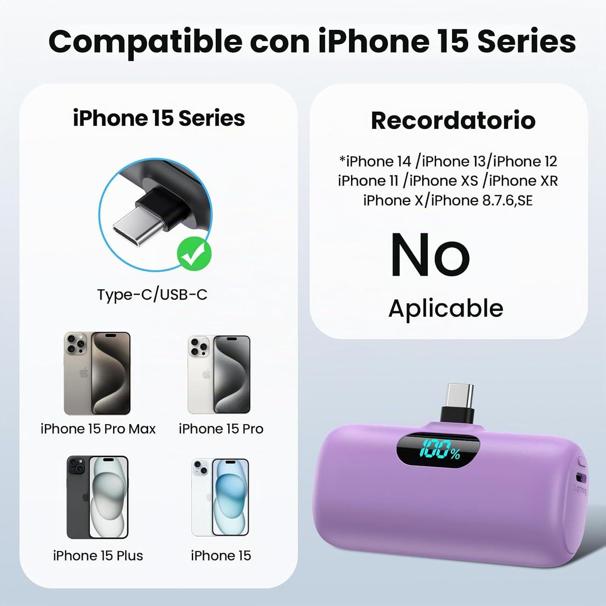 Mini cargador portátil USB C, batería mejorada de carga rápida PD d...
