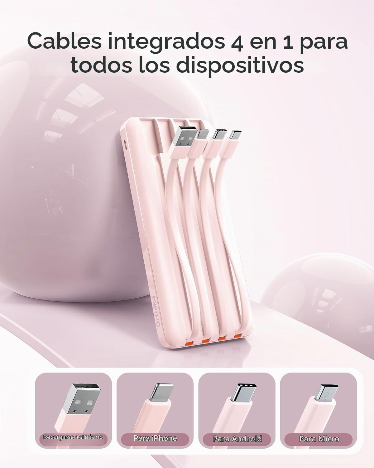 Orfeika 20000mAh Power Bank, cargador portátil con 4 cables incorpo...