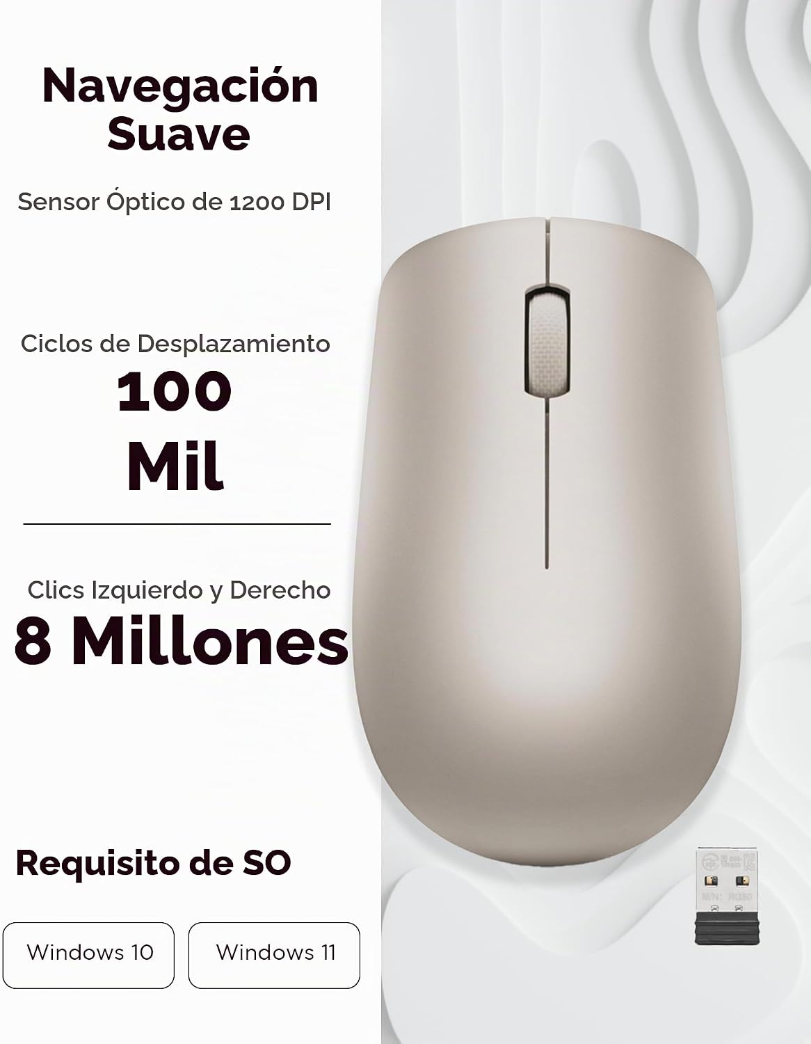 Lenovo 530 Ratón Inalámbrico con Batería, 2.4GHz Nano USB, Sensor Ó...