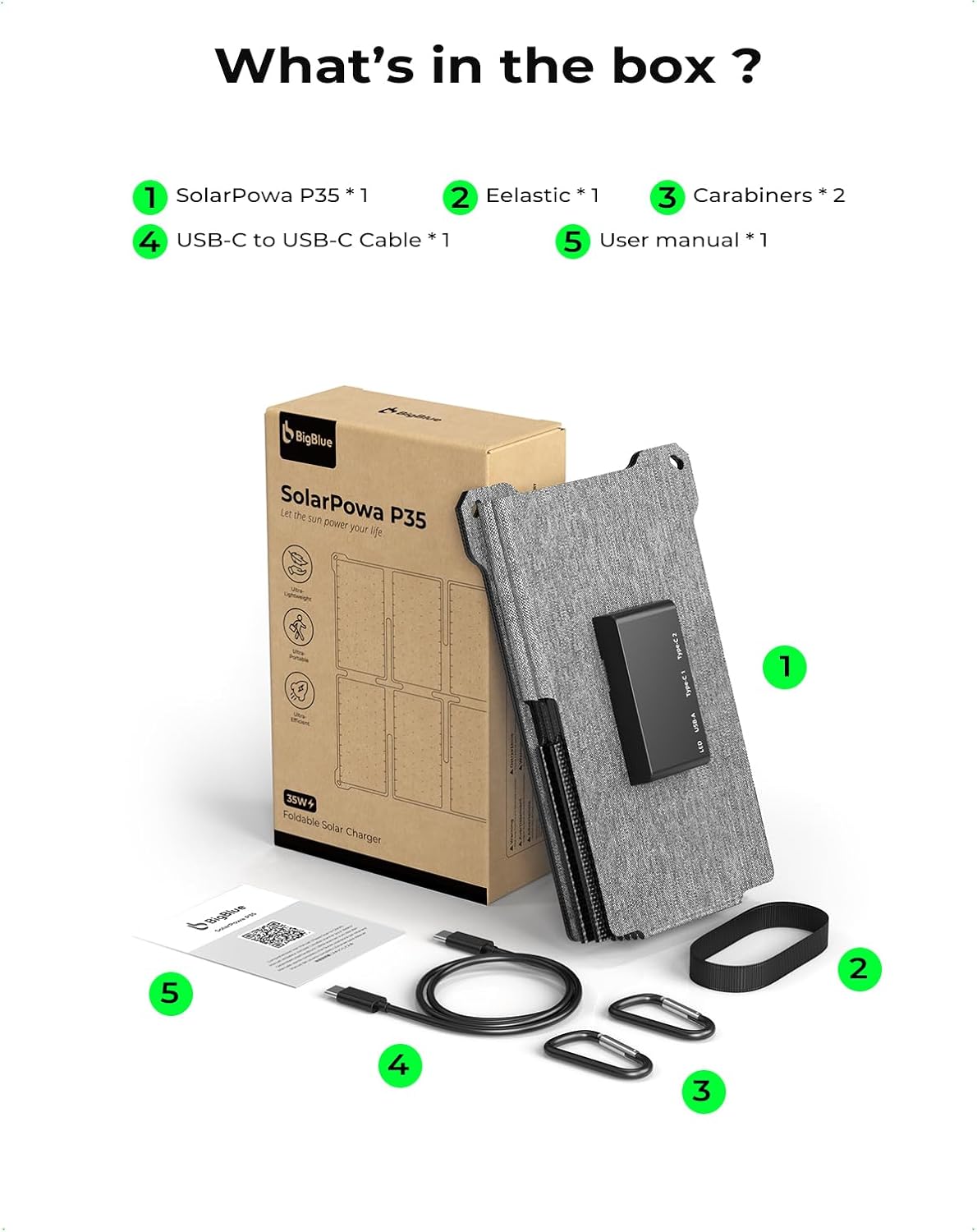 Cargador de panel solar portátil BigBlue de 35W con carga rápida US...