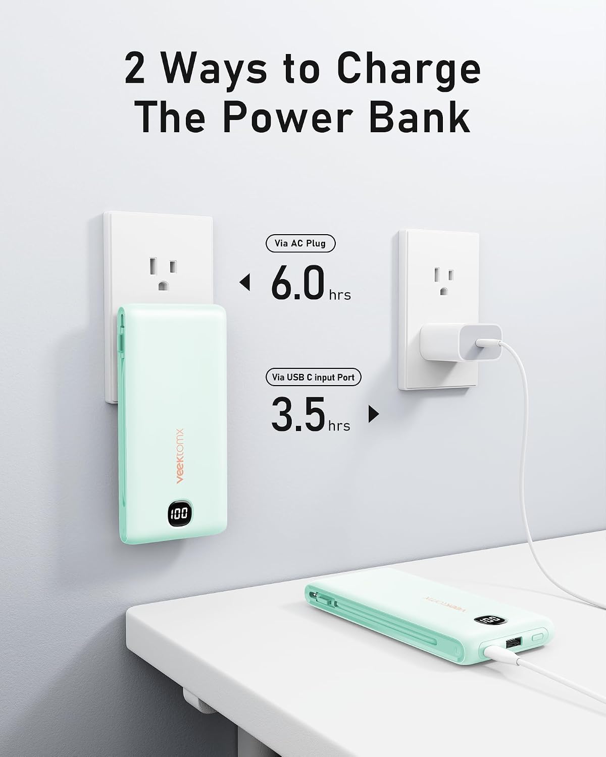 Cargador portátil VEEKTOMX de 10000 mAh con cables integrados y enc...