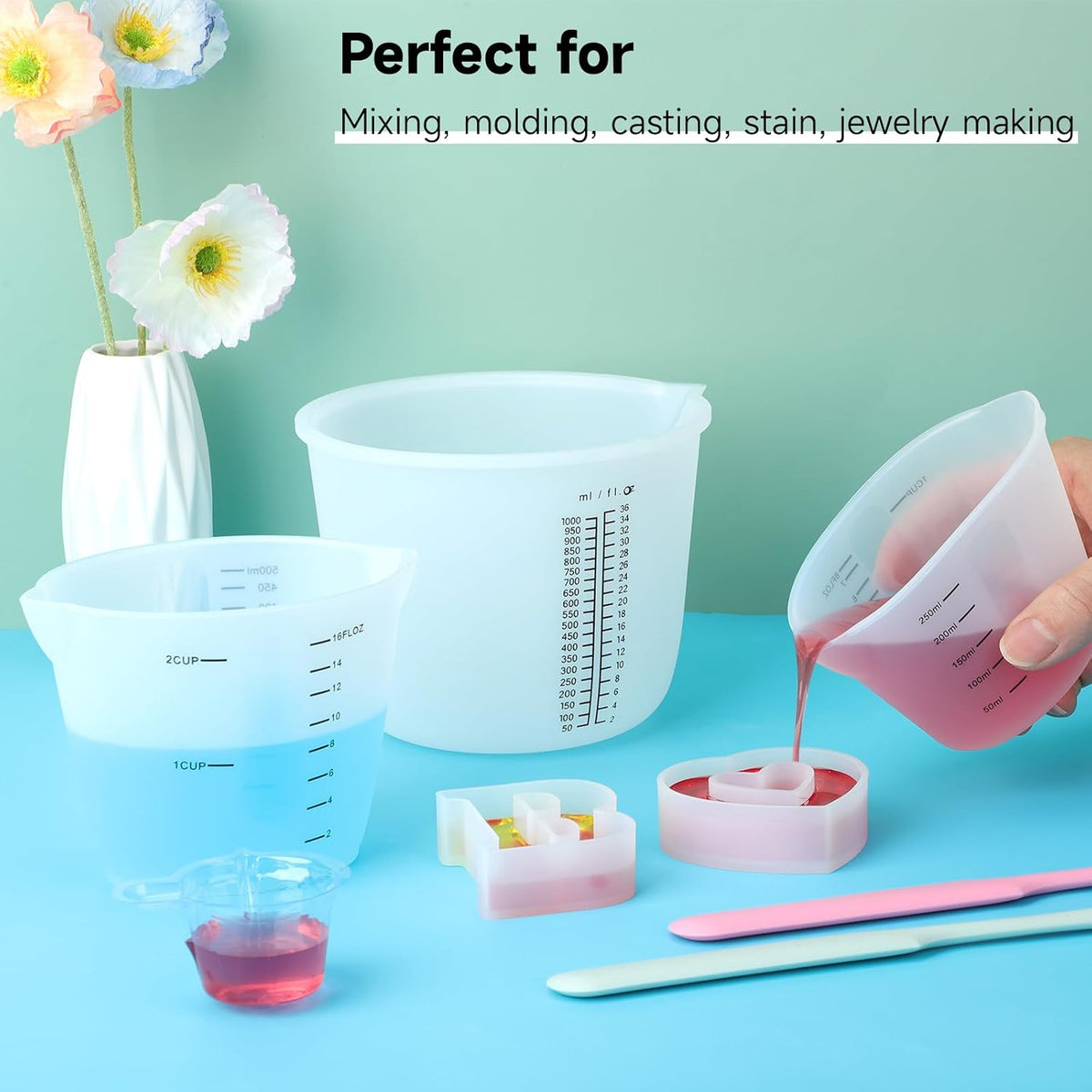 Gartful Tazas de medición de silicona reutilizables de 1000 ml, taz...