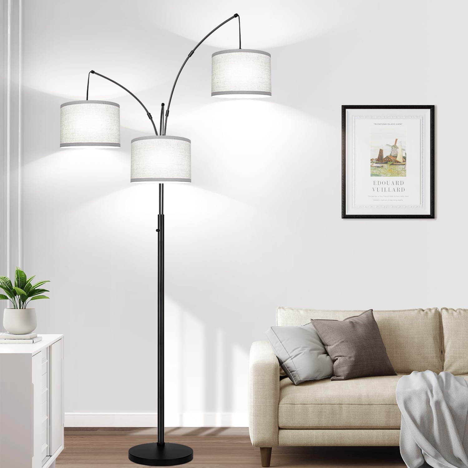 Lámpara de pie regulable, lámpara de pie de arco negro de 3 luces,...