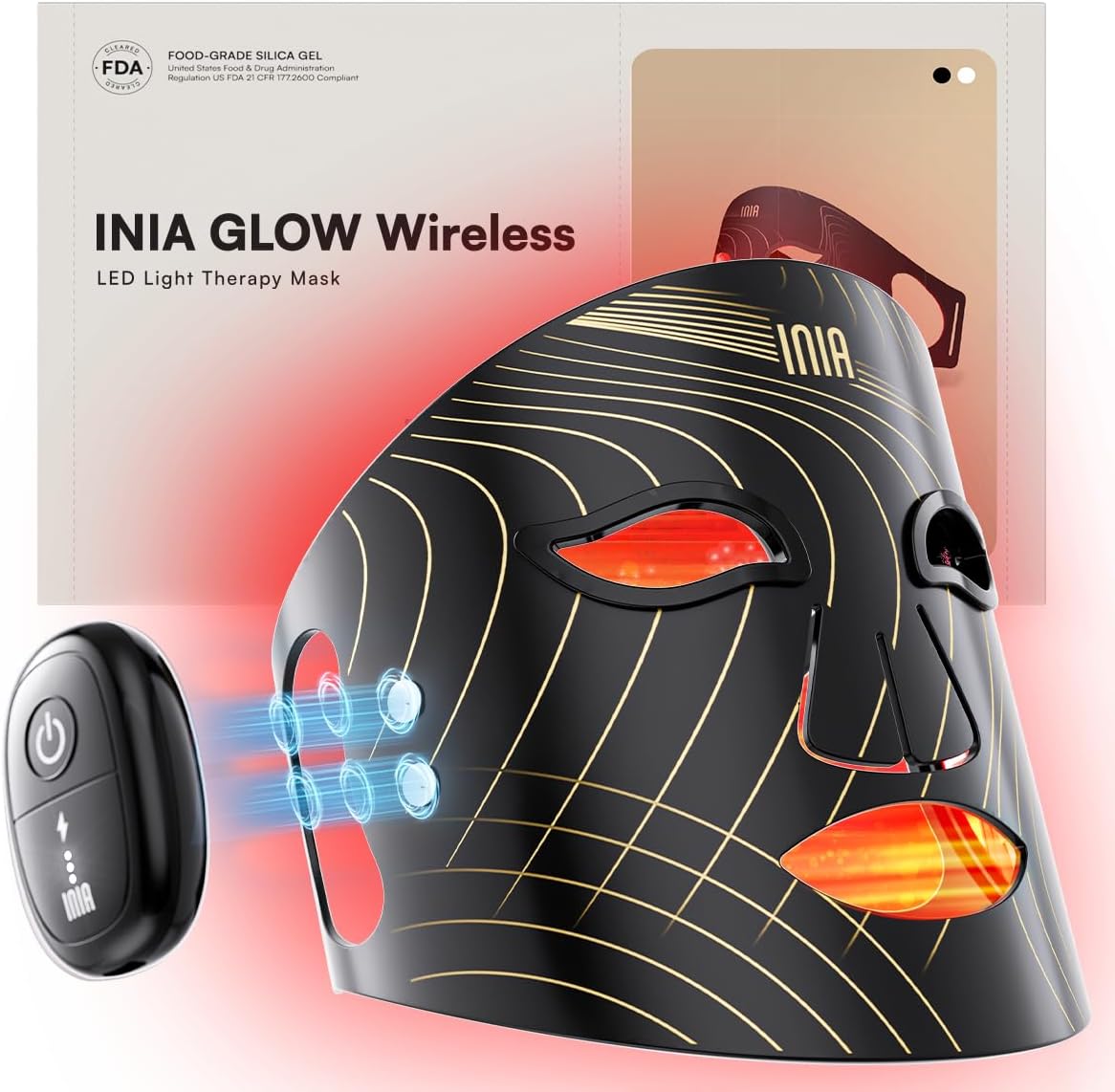 INIA Glow Máscara inalámbrica de terapia de luz roja para cara, 850...