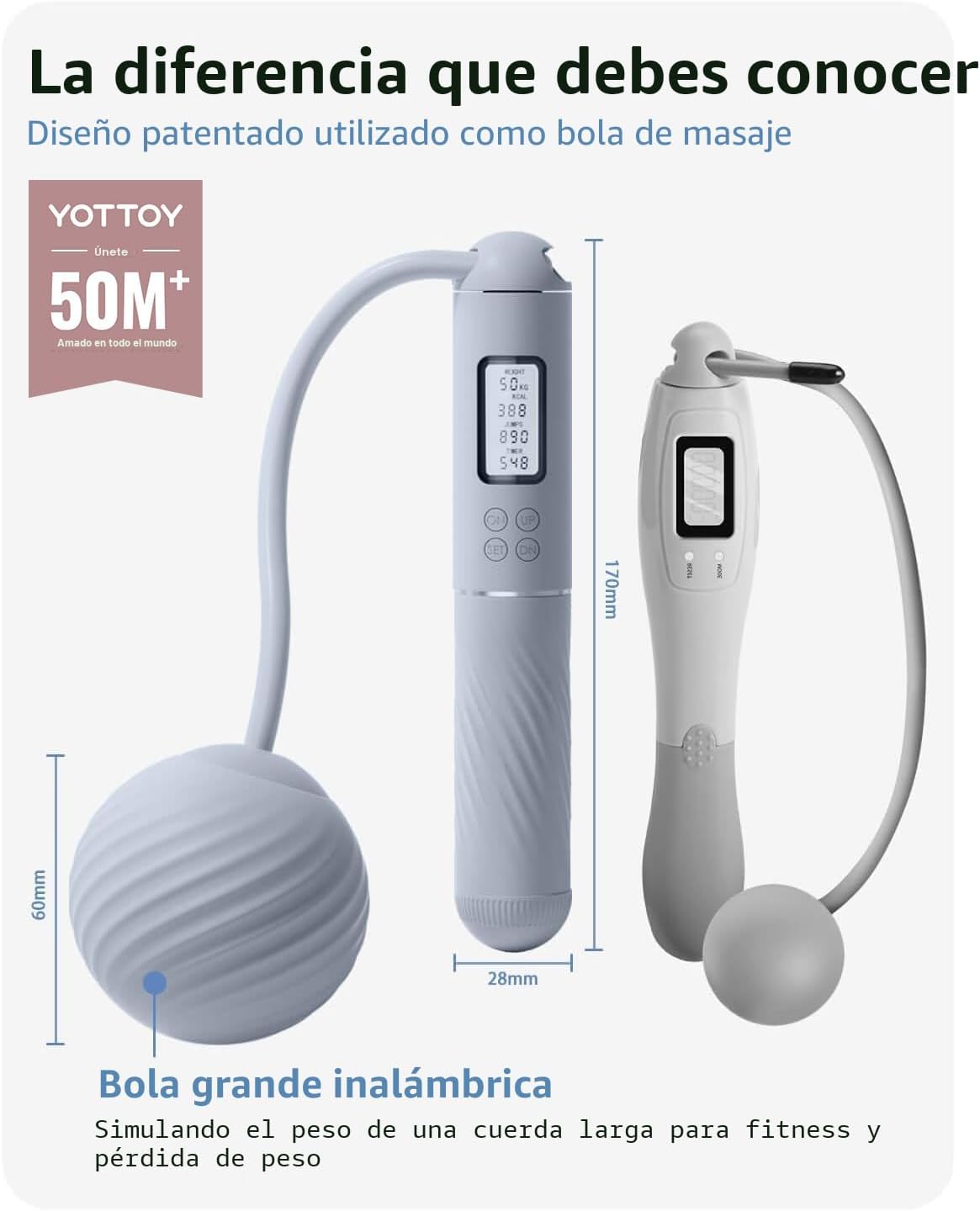 YOTTOY Cuerdas de saltar para adultos - Cuerda de saltar inalámbric...