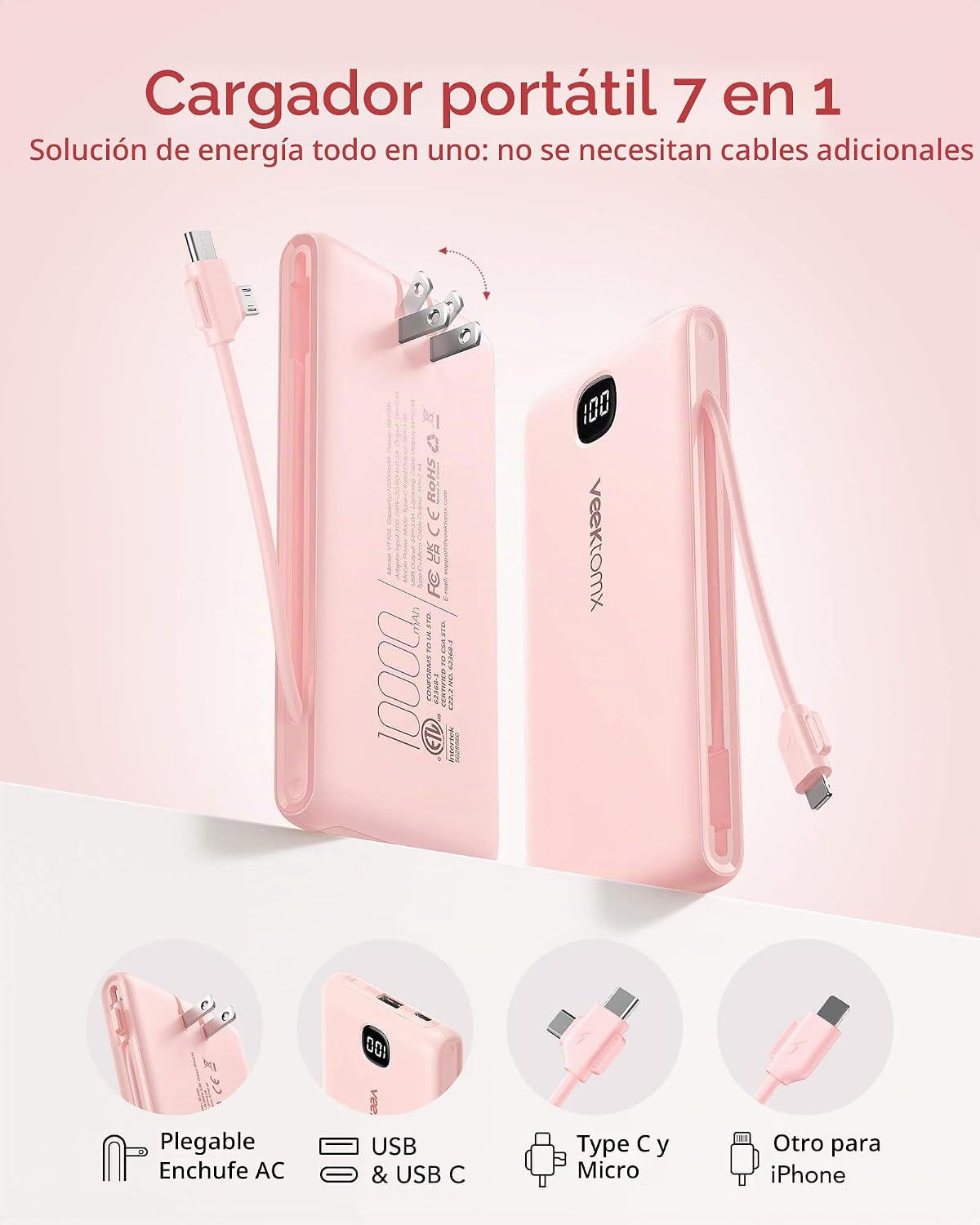 Cargador portátil de batería con cables integrados y enchufe de par...