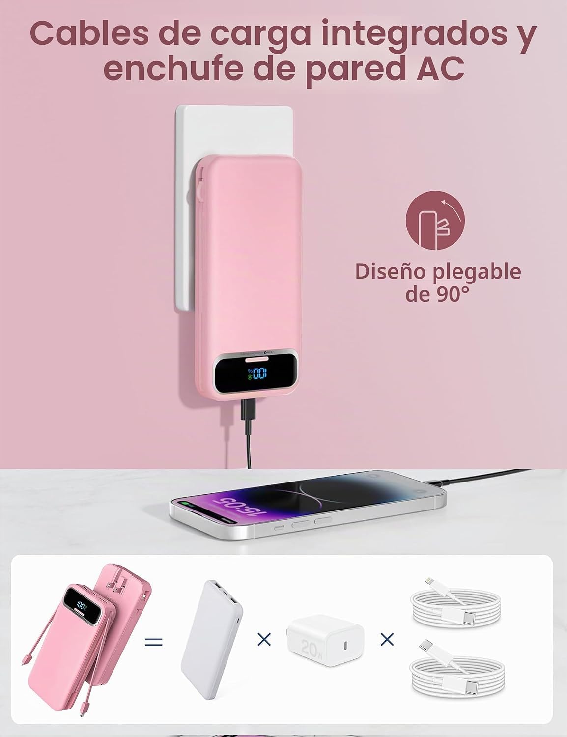 aonidi - Cargador portátil de 12000 mAh con cables integrados y enc...