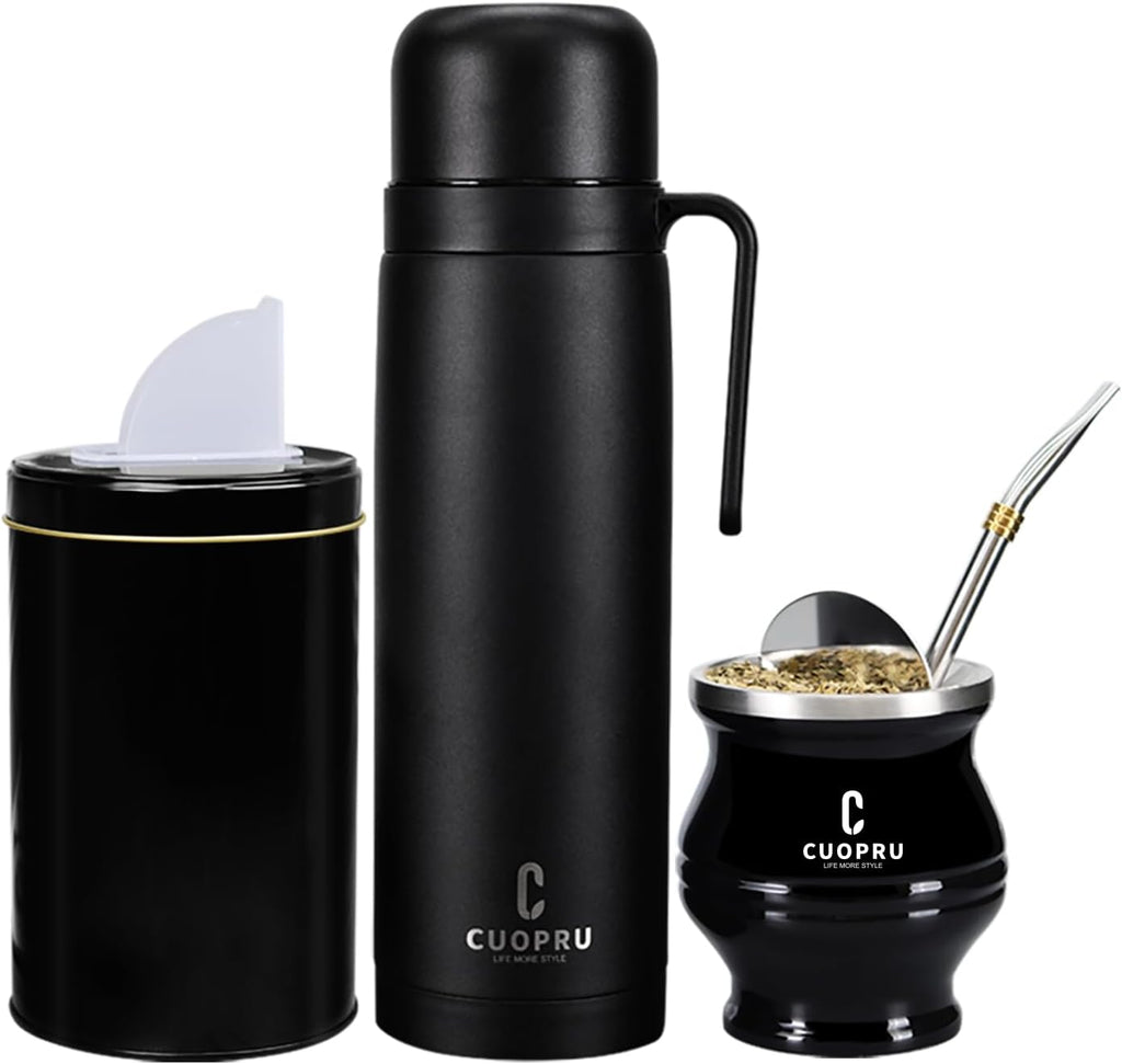 uopru Kit de yerba mate de acero inoxidable premium, calabaza, botella aislada de 33.8 onzas, recipiente, bombilla, cepillo de limpieza, juego de filtros de té, negro mate