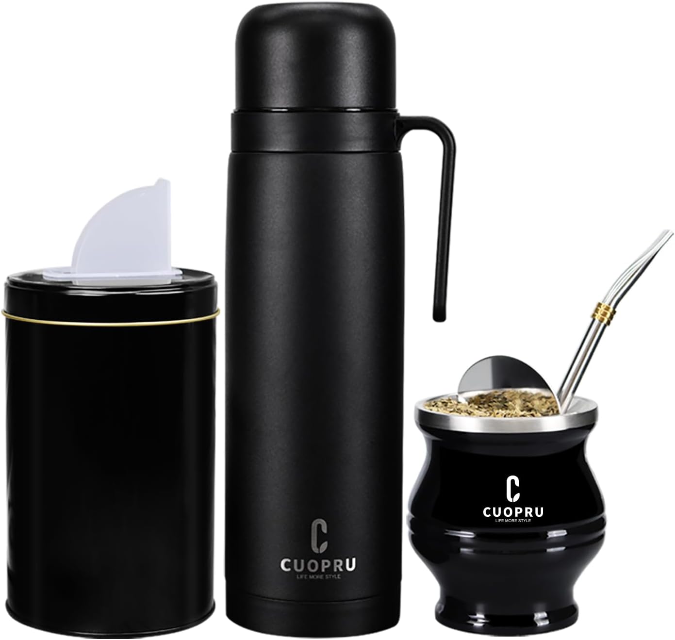 uopru Kit de yerba mate de acero inoxidable premium, calabaza, botella aislada de 33.8 onzas, recipiente, bombilla, cepillo de limpieza, juego de filtros de té, negro mate
