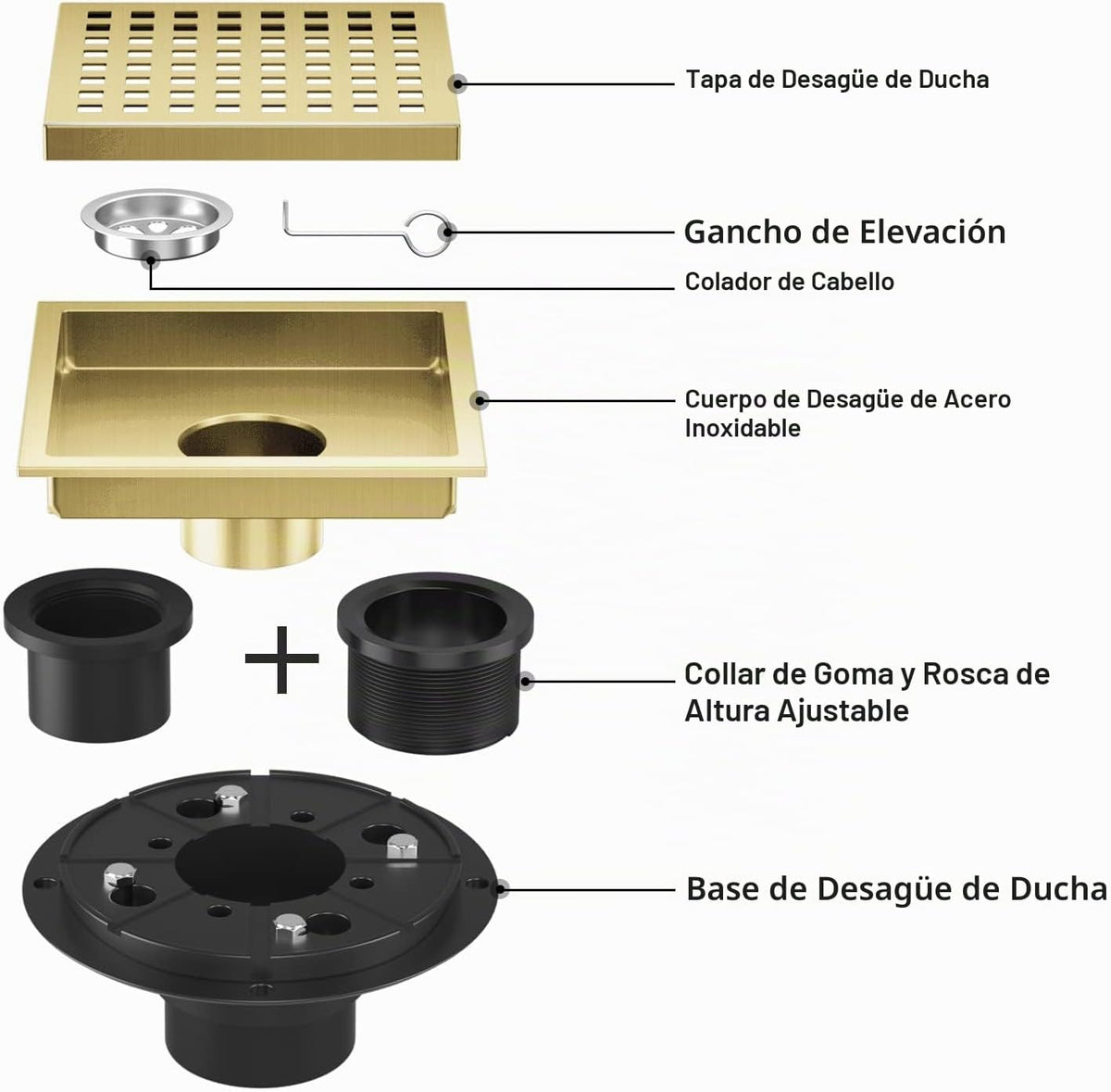 EXF Drenaje de Ducha 6 Pulgadas Oro Cepillado, Kit de Drenaje de Pi...