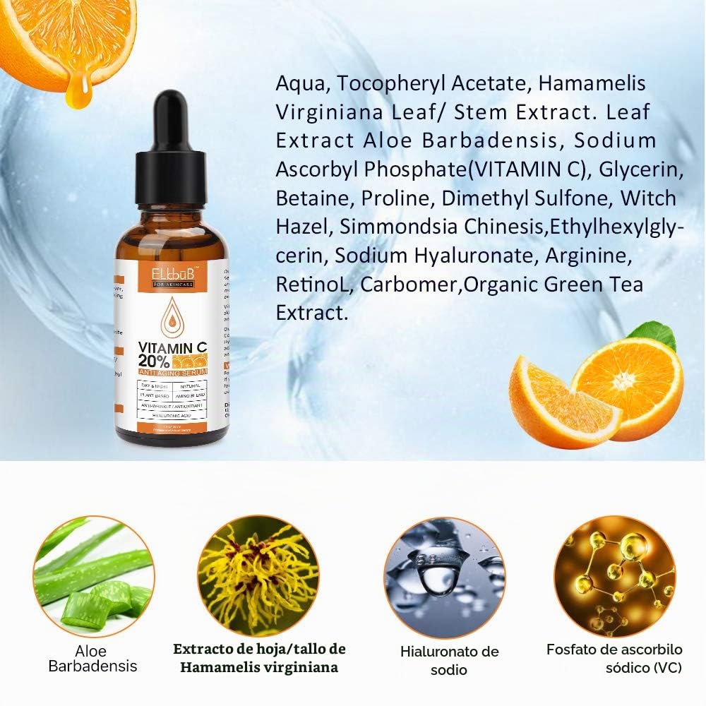 Suero de vitamina C prémium al 20% para la cara con ácido hialuróni...