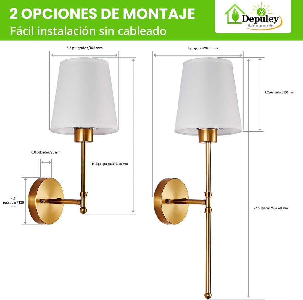Depuley Aplique de pared a pilas: juego de 2 luces de pared inalámb...