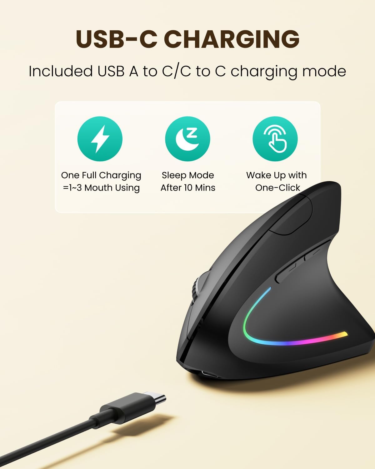 POJTK Ratón ergonómico inalámbrico recargable, conexión Bluetooth+U...