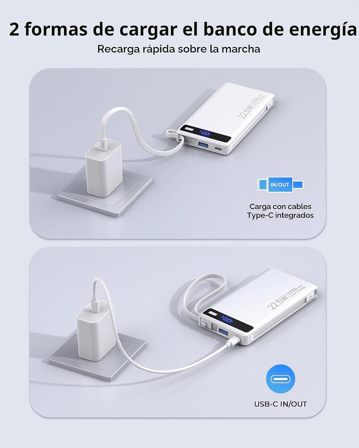 Cargador portátil delgado rápido de 22.5 W, banco de energía con 2...
