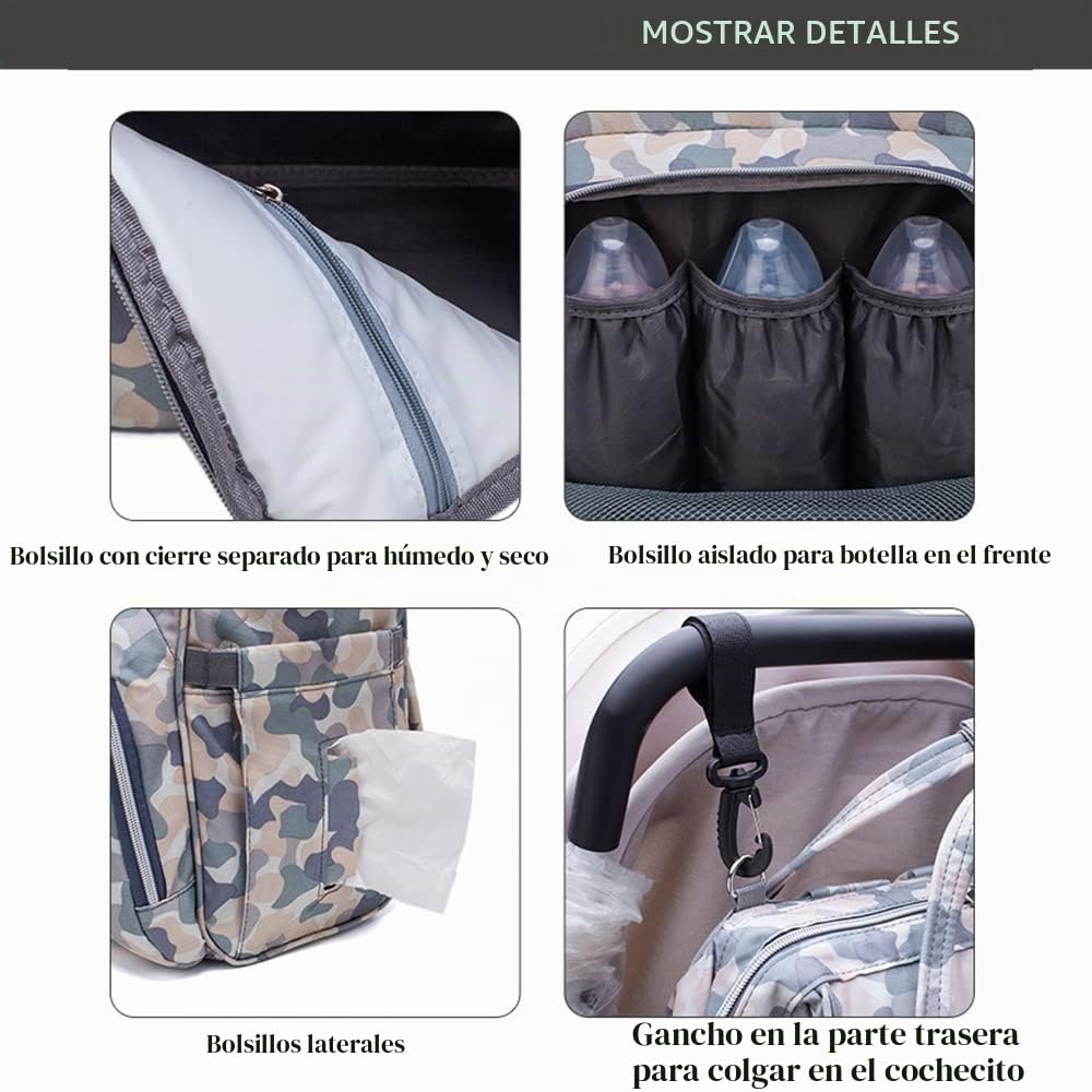 Mochila de pañales de camuflaje multifunción para el cuidado del be...