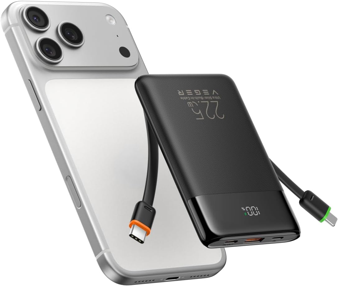 VEGER 10000mAh 22.5W Cargador portátil de carga rápida con cables i...