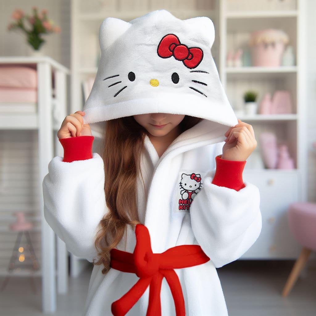 Hello Kitty - Bata de baño con capucha para niñas, forro polar, súp...
