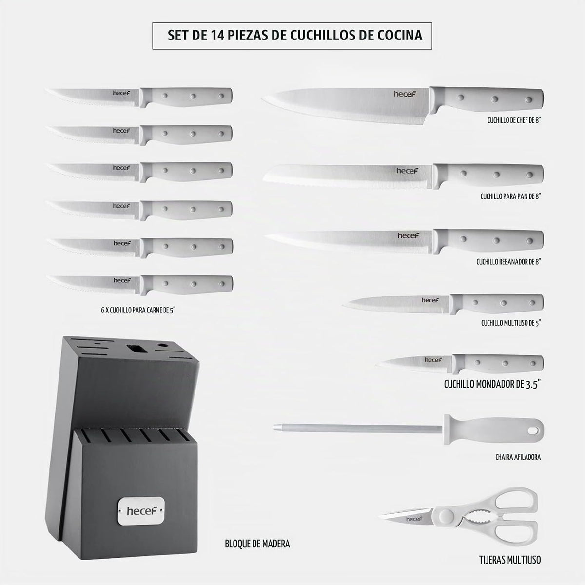 hecef Juego de cuchillos de cocina, juego de cuchillos de 14 piezas...