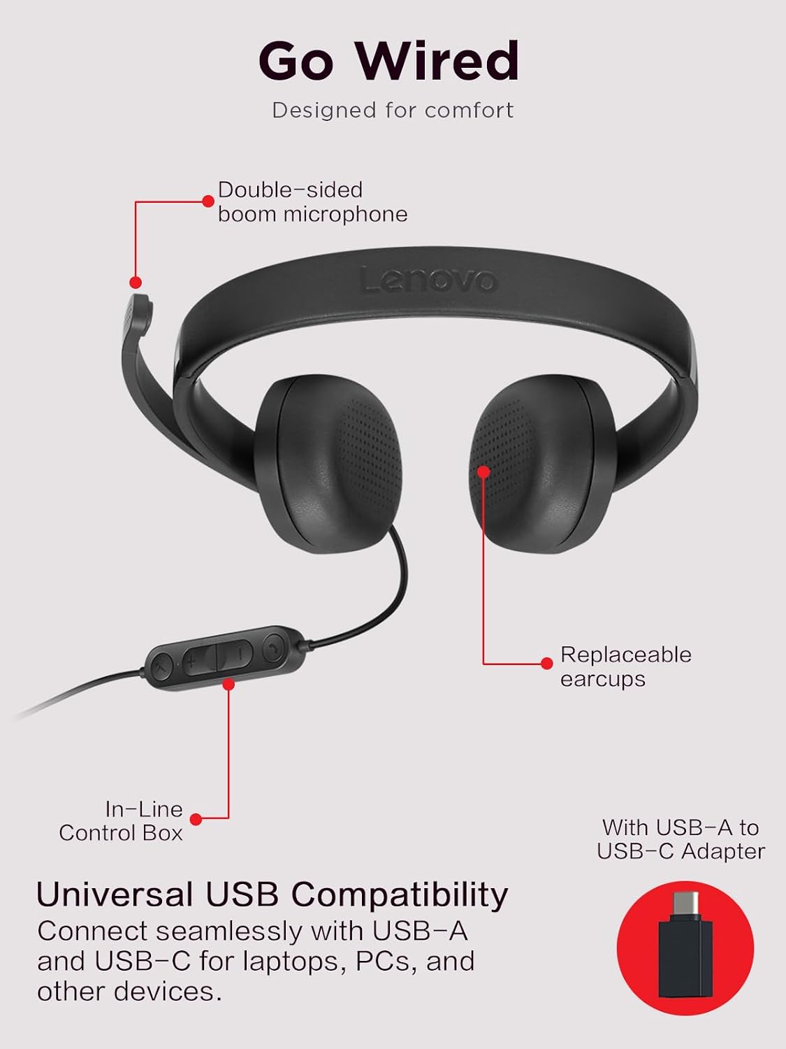 Lenovo 115 Auriculares con cable estéreo USB-A\/USB-C \u2013 Ligero...