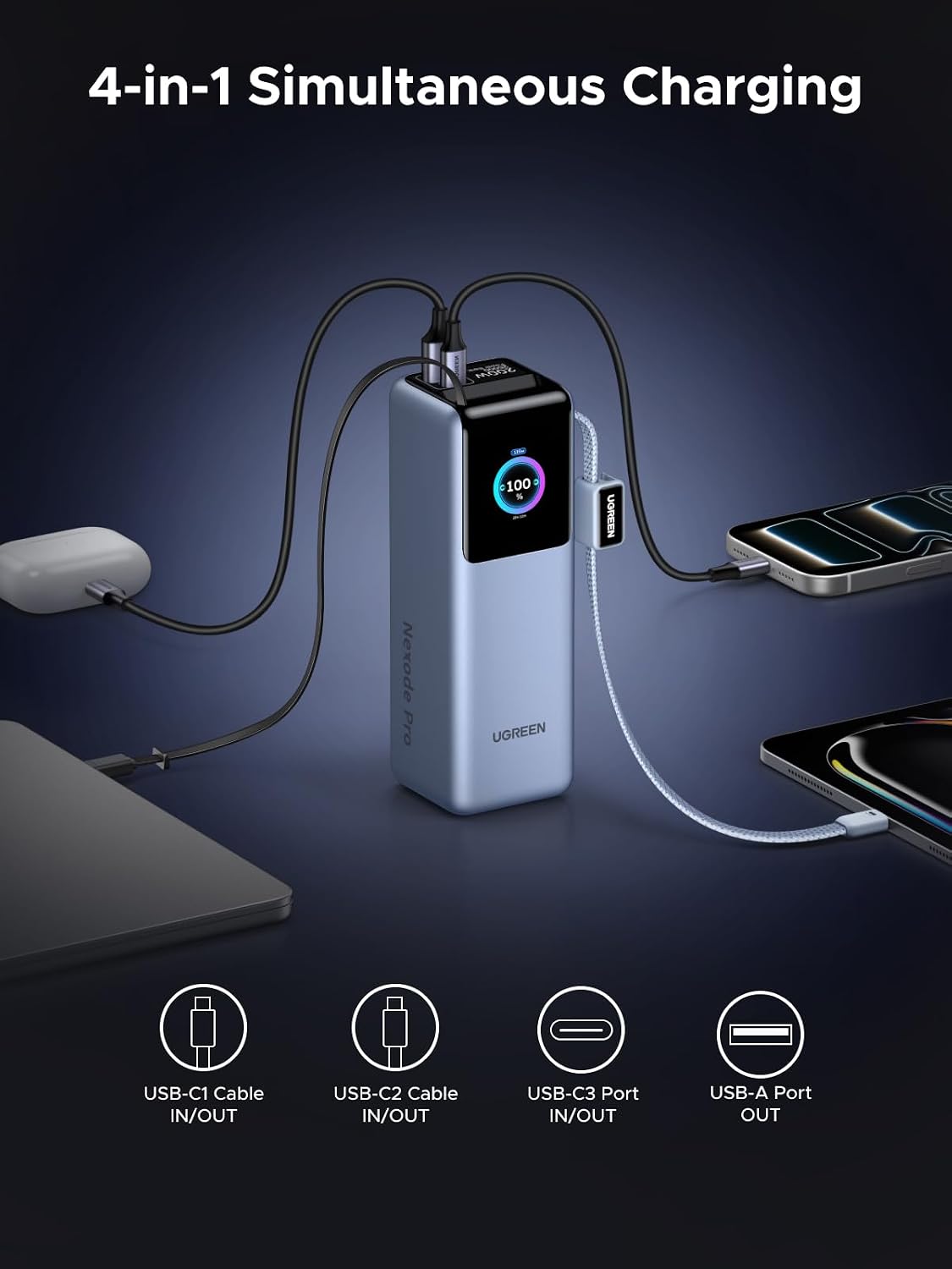 UGREEN Nexode Pro 25000mAh 200W Laptop Power Bank con cables retrác...