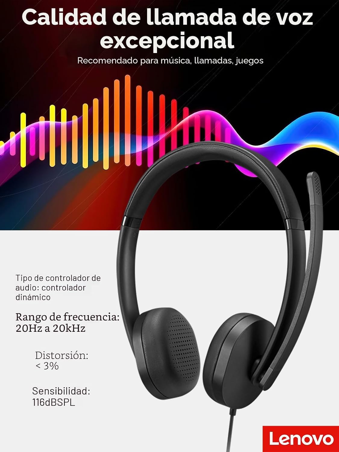 Lenovo 115 Auriculares con cable estéreo USB-A\/USB-C \u2013 Ligero...