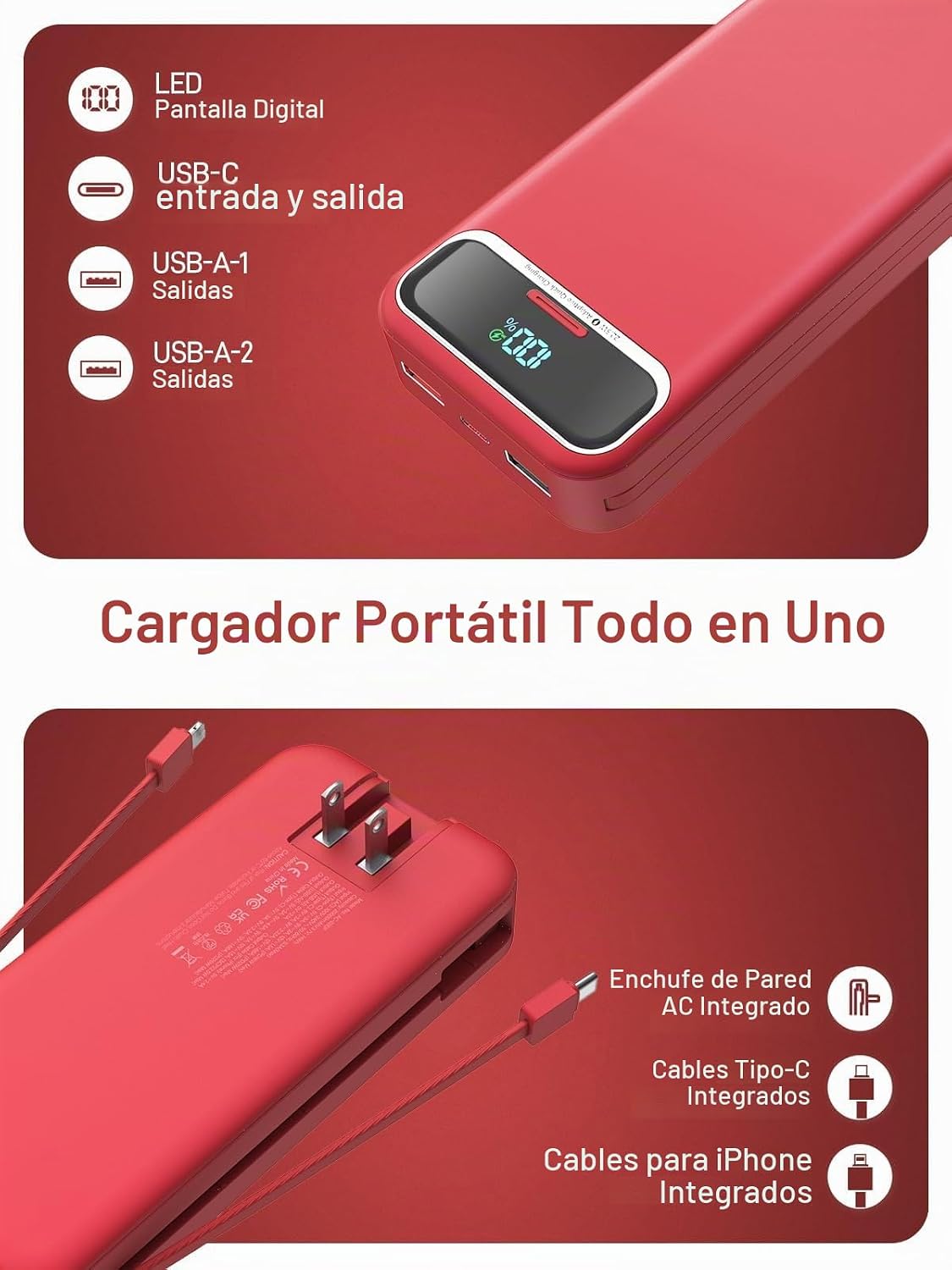 Nusyddy Cargador portátil 20000mAh de carga rápida w\/incorporado e...