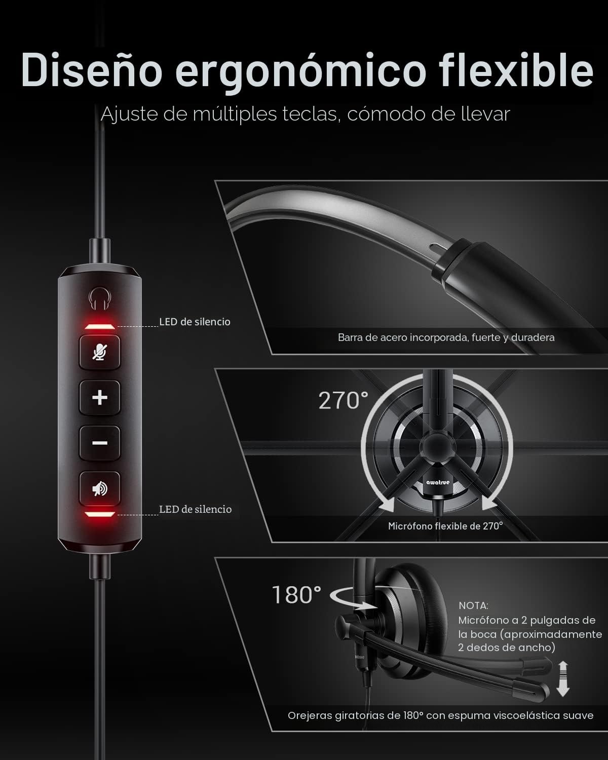 awatrue EH05-U Auriculares USB con cable con micrófono de cancelaci...