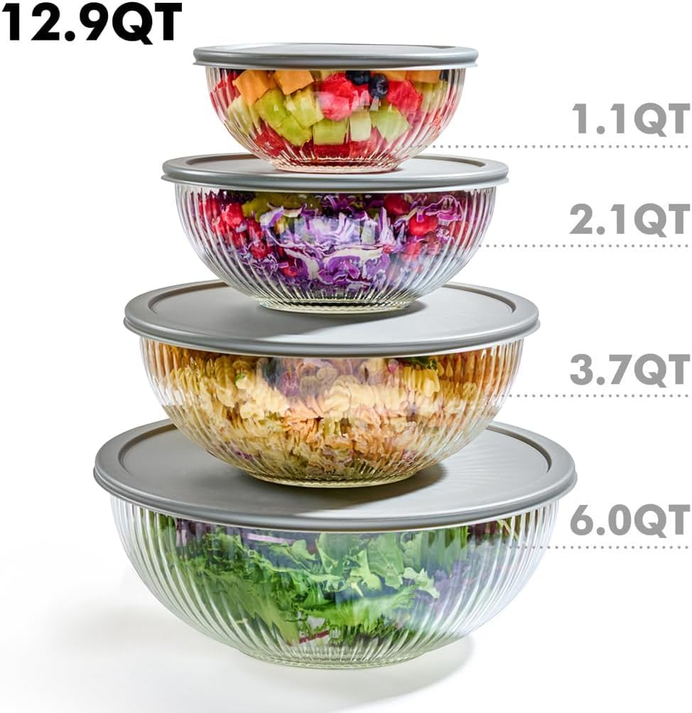 Tazones para mezclar de vidrio acanalado de 8 piezas con tapas herm...