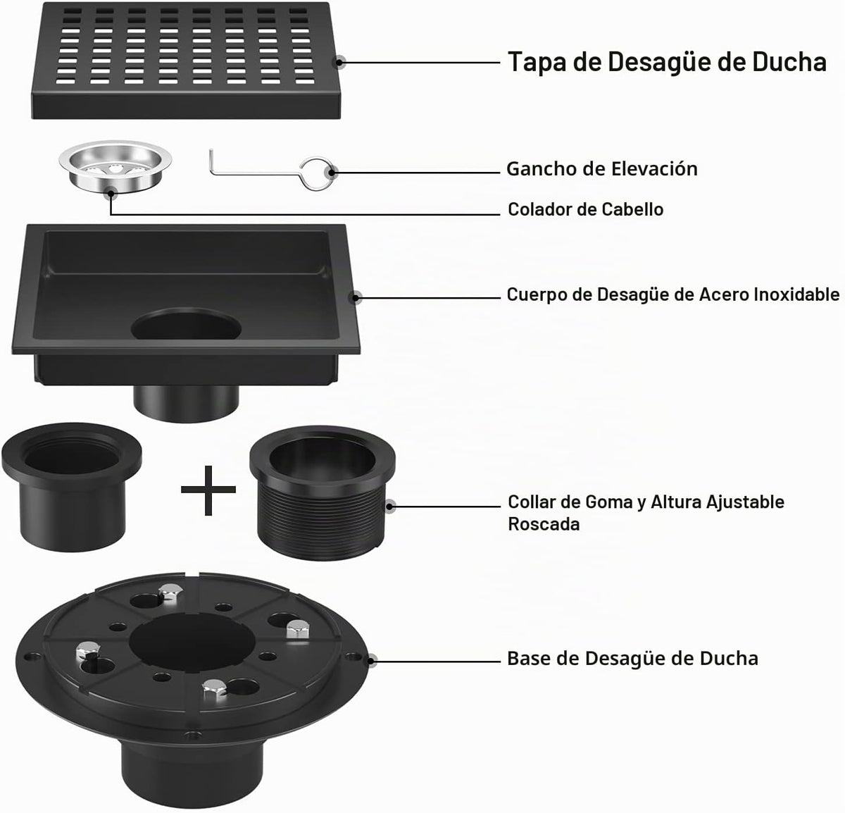 EXF Drenaje cuadrado de piso de ducha de 6 pulgadas negro mate con...