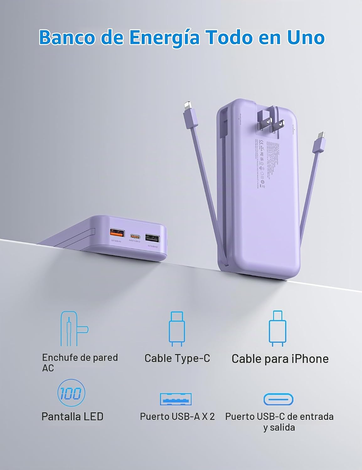 Cargador portátil Ffnpua 20000mAh PD20W con cables incorporados | C...