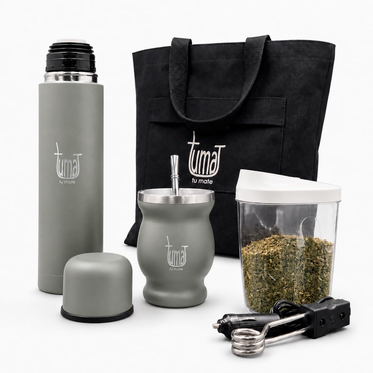 Kit completo de yerba mate – Incluye taza mate, popote (Bombilla), termo de 25.4 fl oz, bolsa y dos regalos (contenedor de yerbero y calentador de inmersión para automóvil)
