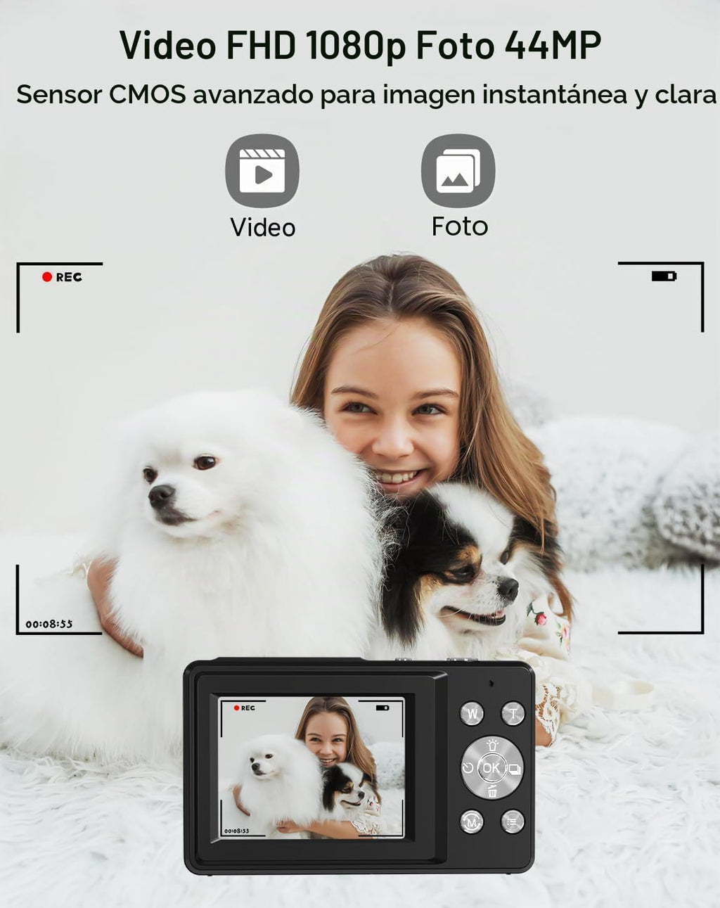 Cámara digital para niños, FHD 1080P 44MP Cámara digital de punto y...
