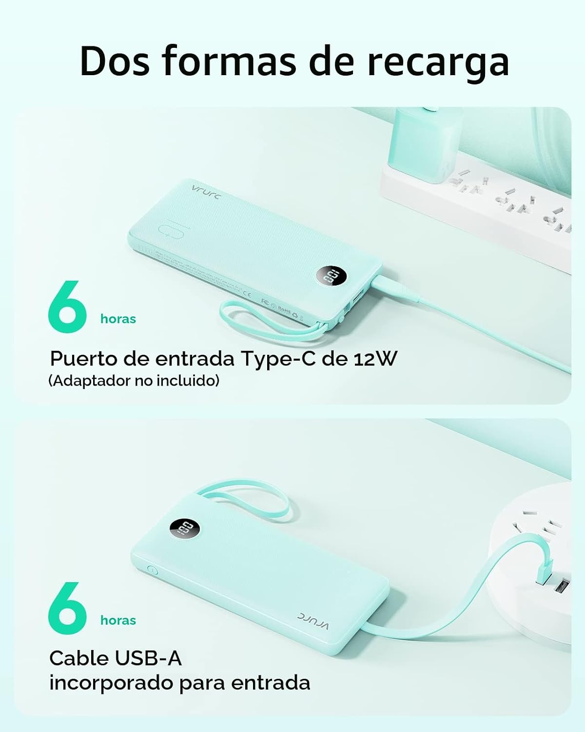VRURC Cargador portátil, banco delgado de energía incorporado 4 cab...