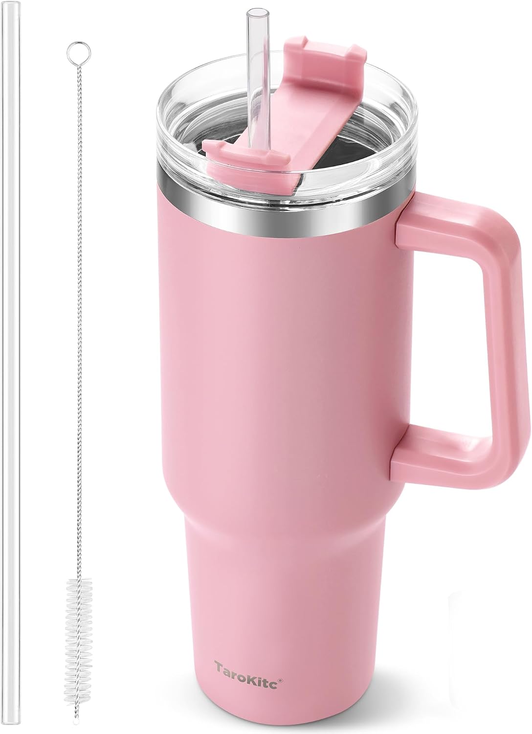 Vaso de 40 onzas con asa y pajilla, taza de viaje aislada rosa para...