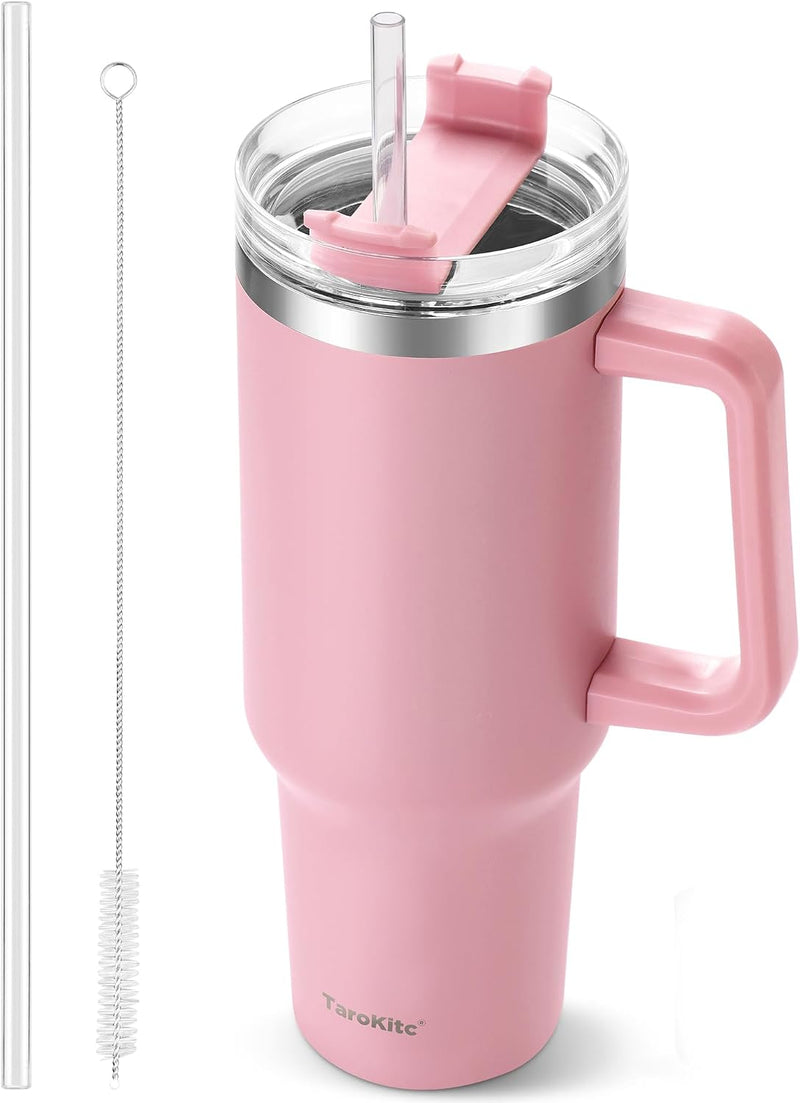 Vaso de 40 onzas con asa y pajilla, taza de viaje aislada rosa para...