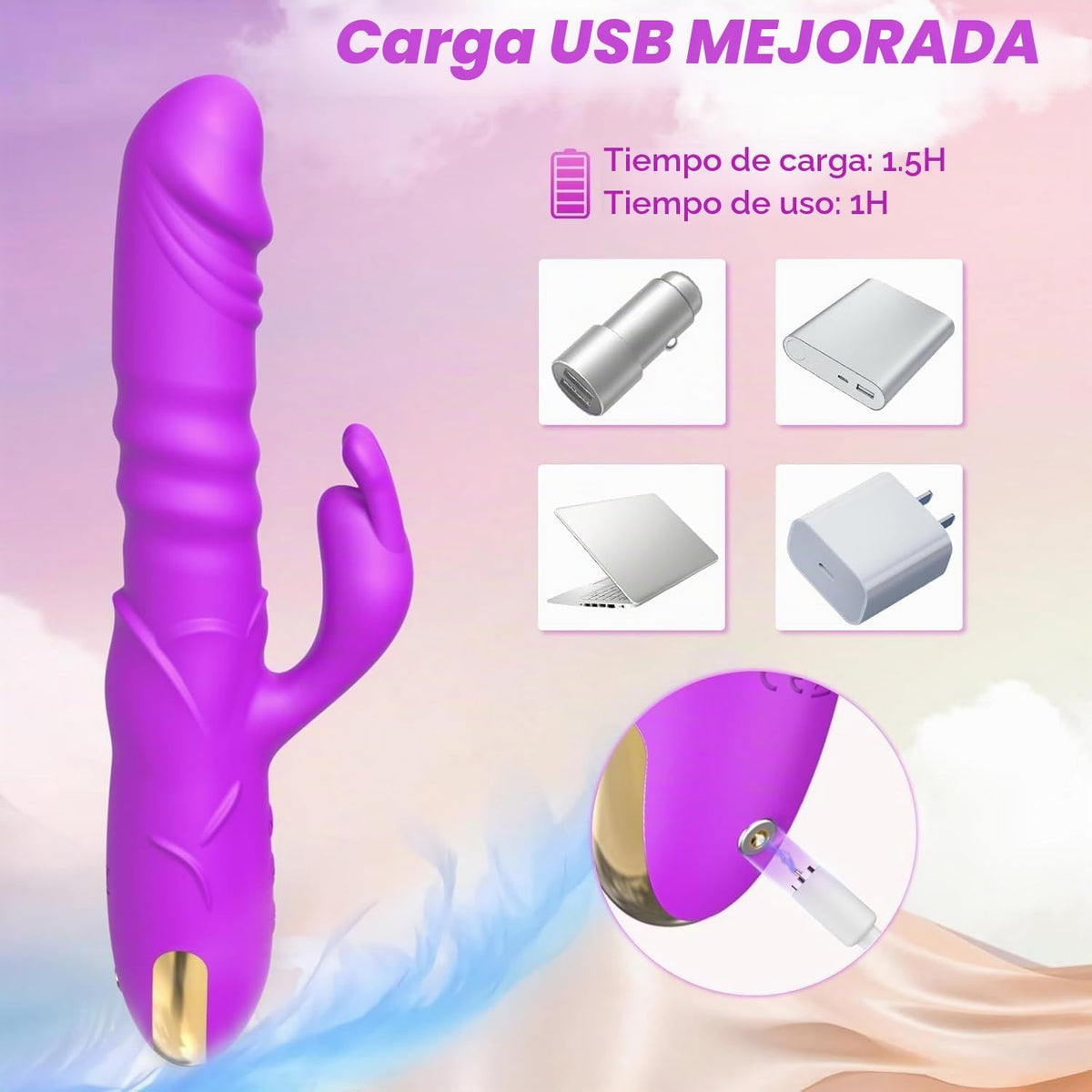 Consolador de empuje vibrador de conejo, vibrador de clítoris de pu...