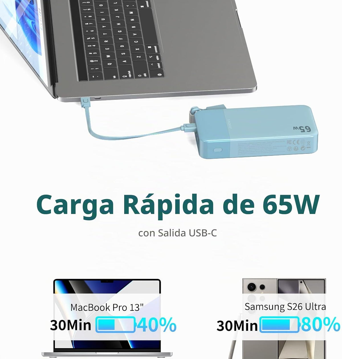 JUOVI Cargador portátil, banco de energía para portátil de 65 W, ca...