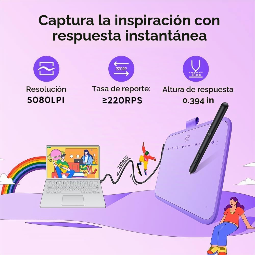 XPPen Deco 640 - Tableta de dibujo púrpura con 16384 niveles de pre...