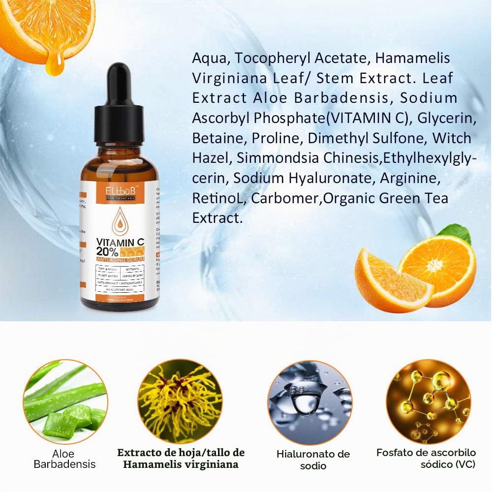 Suero de Vitamina C Premium al 20% para el Rostro con Ácido Hialuró...