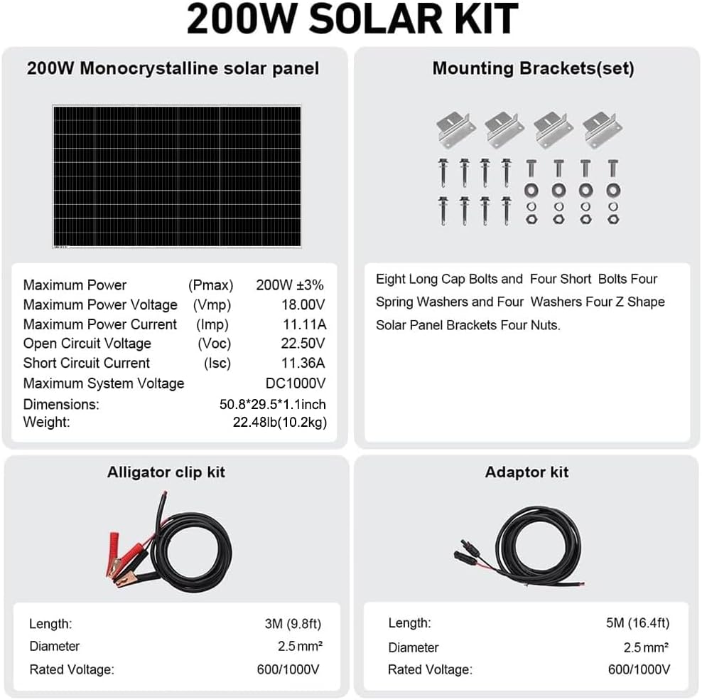 DOKIO Kit de panel solar de 200 W 18 V para sistemas de 12 V, sopor...