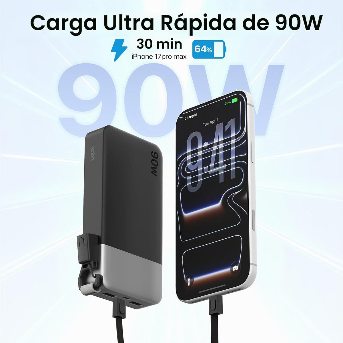Cargador portátil NOBIS 20000mAh 90W Power Bank con cable desmontab...