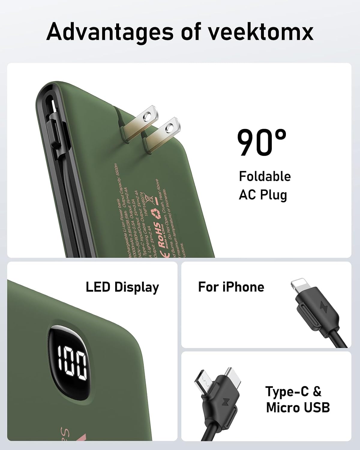 Cargador portátil VEEKTOMX de 10000 mAh con cables integrados y enc...