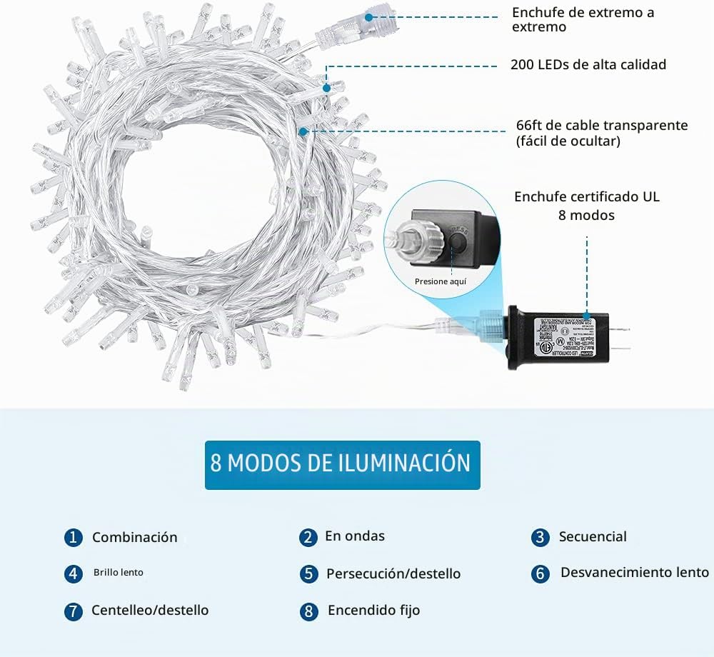 VTECHOLOGY 66 pies 200 LED azul árbol de Navidad luces cadena luz i...