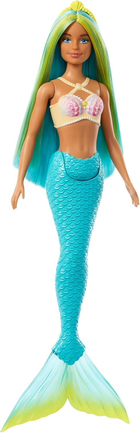 Muñeca Barbie Sirena con pelo de fantasía bicolor azul y amarillo |...