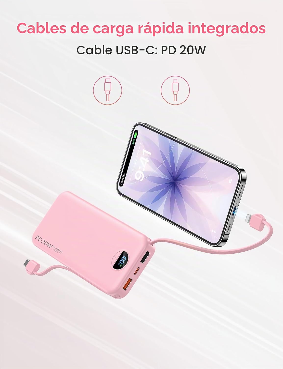 Cargador portátil Ffnpua Power Bank 10000mAh PD20W con cables incor...