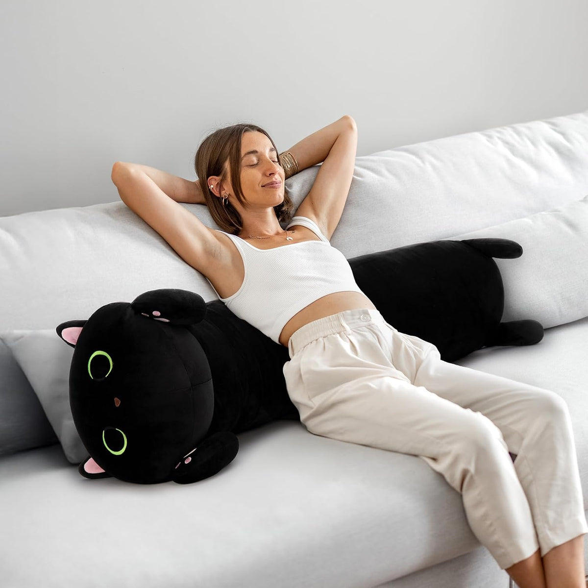 MaoGoLan Almohada corporal de felpa de gato negro, 44 pulgadas, jug...