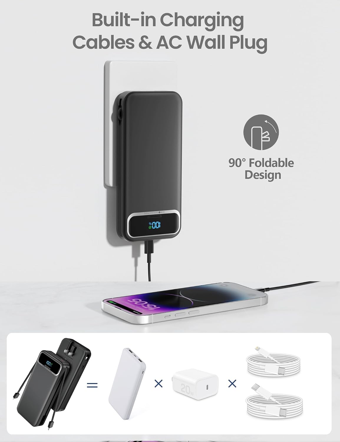 aonidi - Cargador portátil de 12000 mAh con cables integrados y enc...