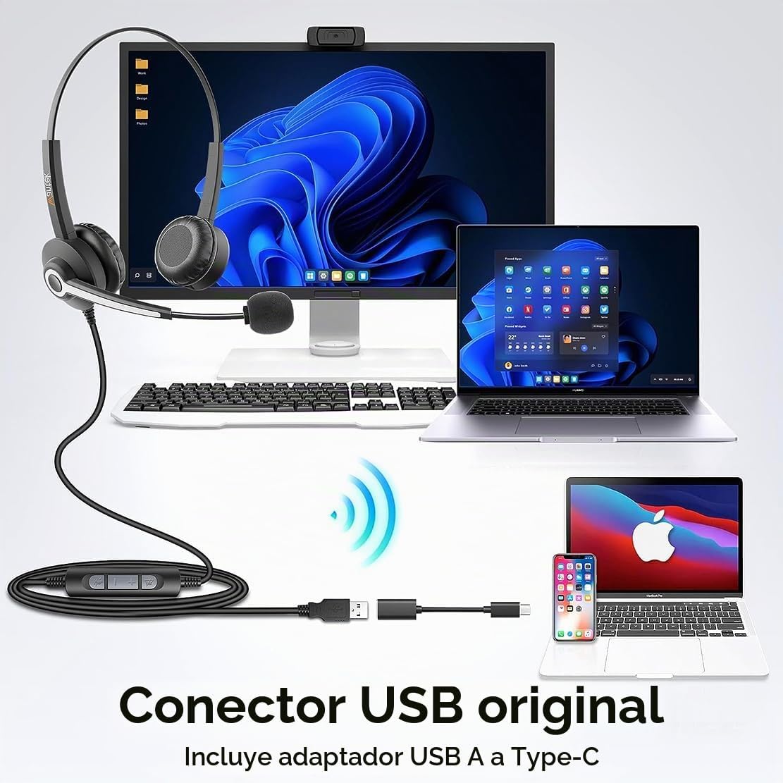 Wantek Auriculares USB con cable monoaural con micrófono de cancela...