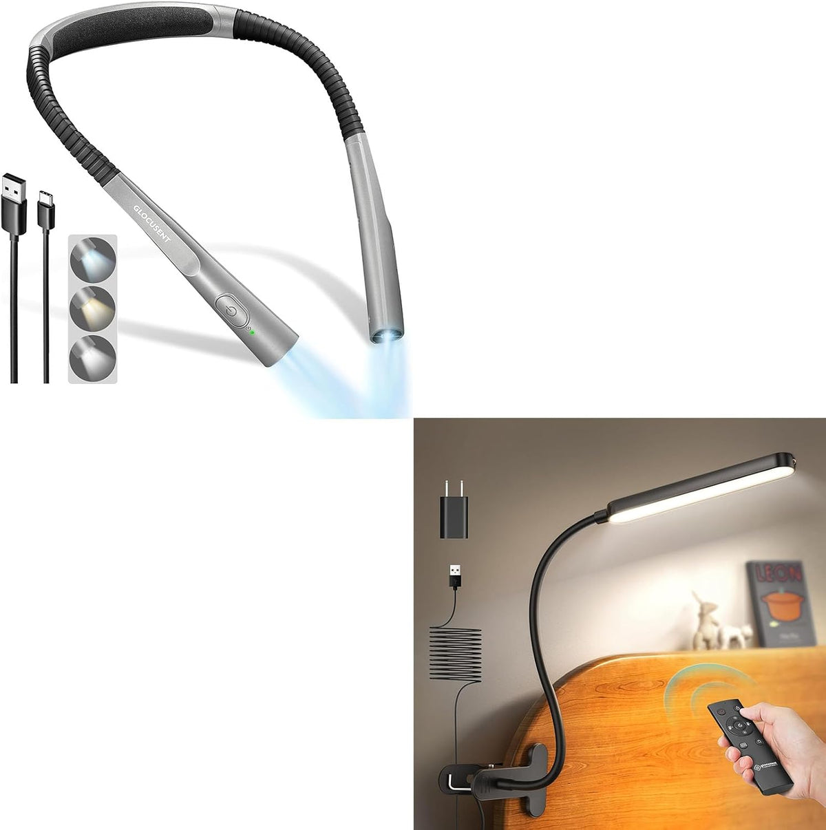 Glocusent Luz de libro, luz de cuello flexible para leer por la noc...
